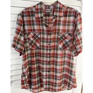 Vintage Roebucks Short Sleeve Plaid Shirt Grunge Retro Red/Orange/Green/White 41